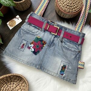 Handmade Upcycled Denim Floral Patch Mini Skirt Rainbow Strap Shoulder Bag